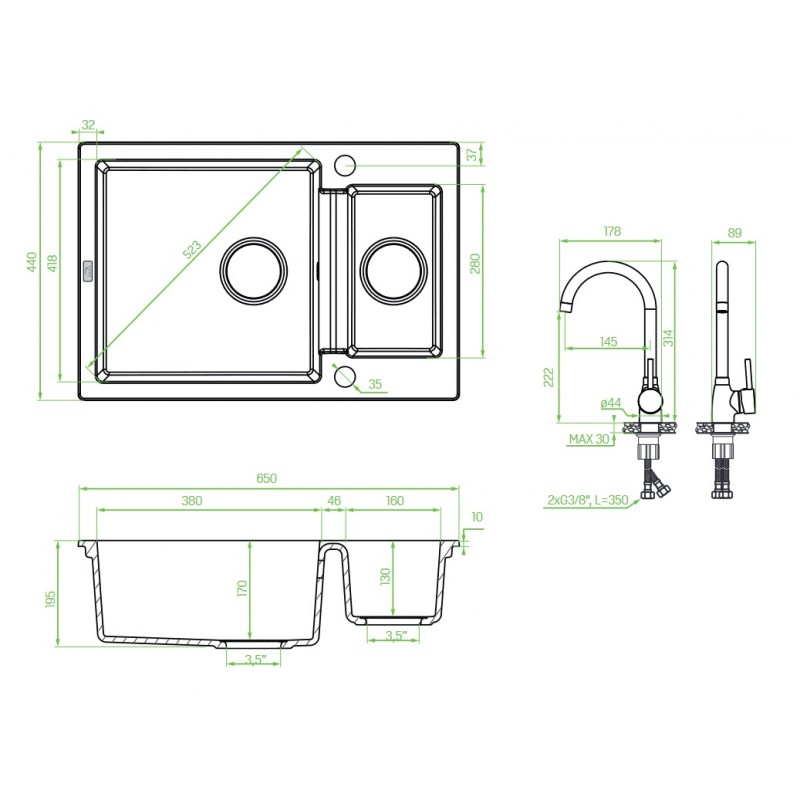 Zlew Zlewozmywak Granitowy Czarny z Baterią Granitową