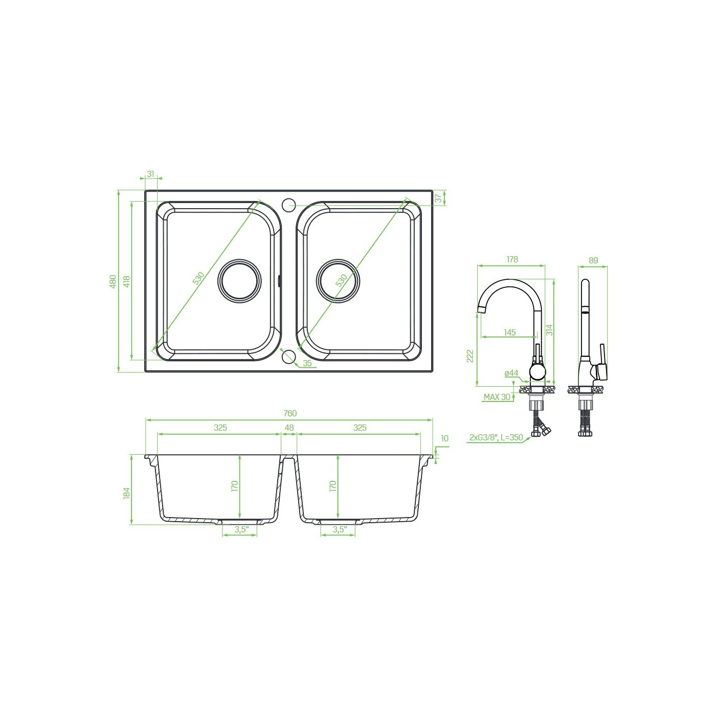 Zlew Zlewozmywak Granitowy Szary z Baterią Granitową CELIA