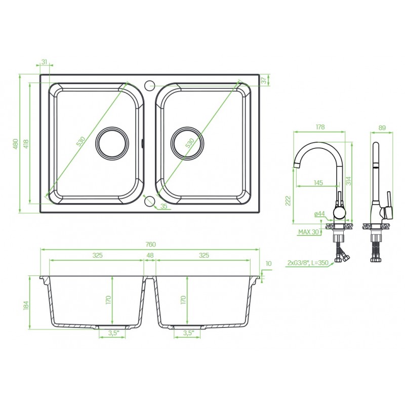 Zlew Zlewozmywak Granitowy Szary z Baterią Granitową CELIA