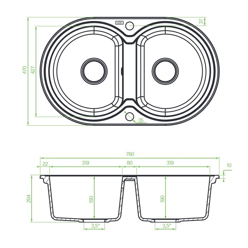 Zlew Zlewozmywak Granitowy Szary 2 Komorowy DAFNE