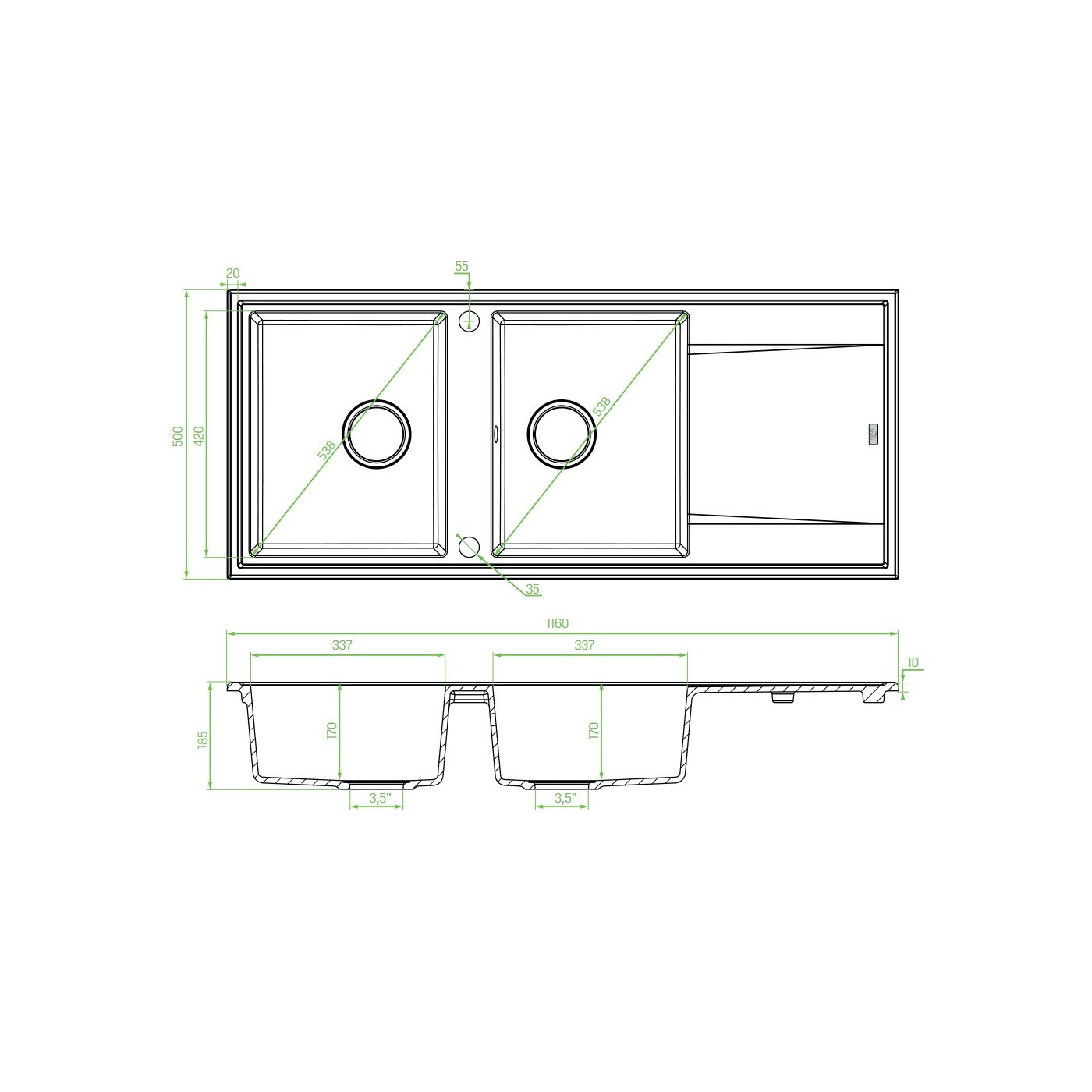Zlew Zlewozmywak Granitowy Czarny 2 Komorowy Megalo