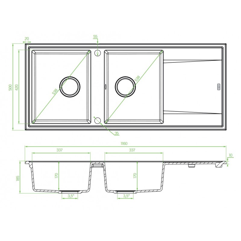 Zlew Zlewozmywak Granitowy Szary 2 Komorowy MEGALO