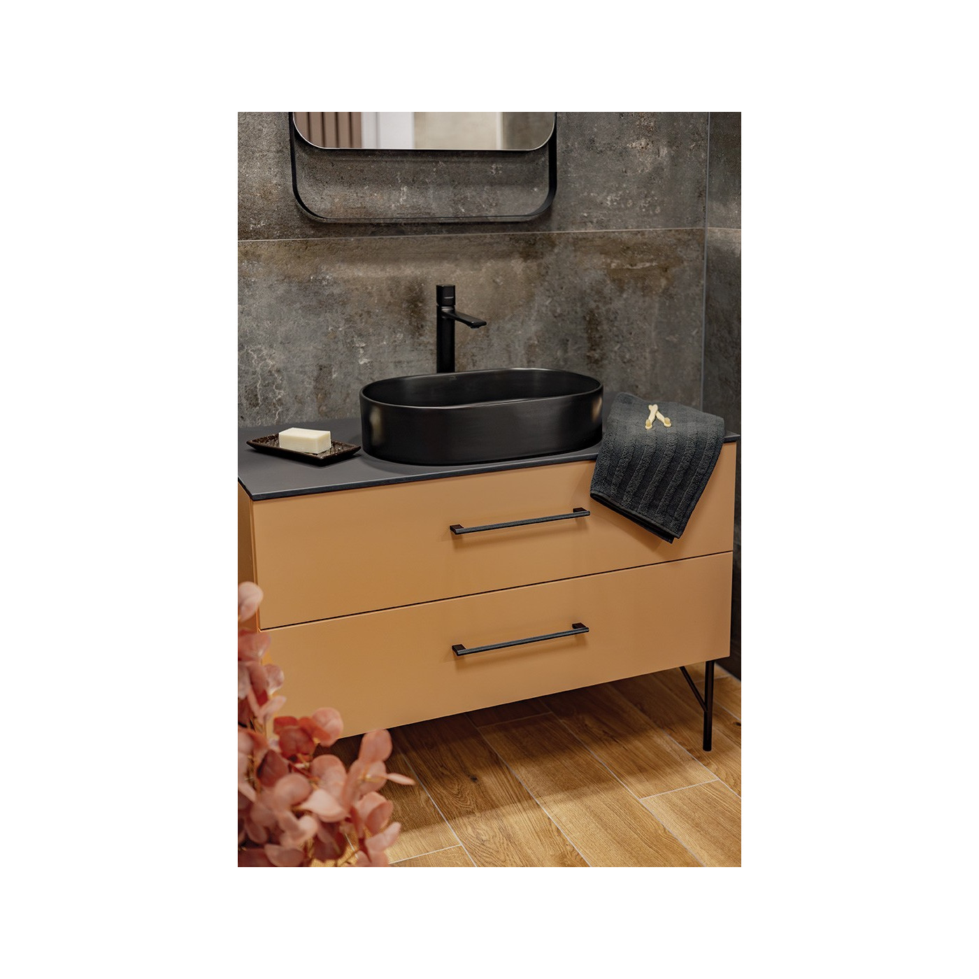 Bateria Umywalkowa Stojąca Nablatowa z Korkiem Czarna Tores