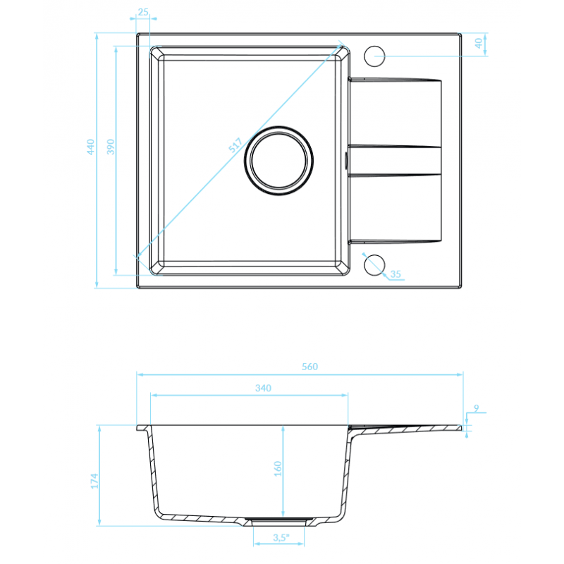 Zlew Zlewozmywak Jednokomorowy Granitowy Czarny z Półociekaczem