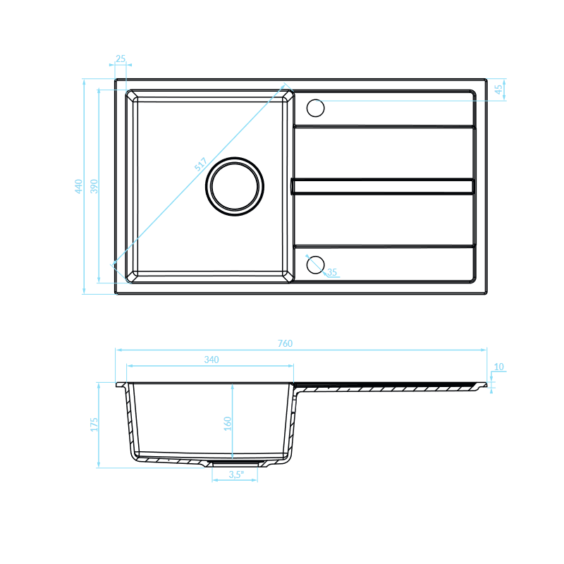 Zlew Zlewozmywak Jednokomorowy Granitowy Czarny z Ociekaczem VITI Zlew Zlewozmywak Jednokomorowy Granitowy Czarny z Ociekaczem VITI