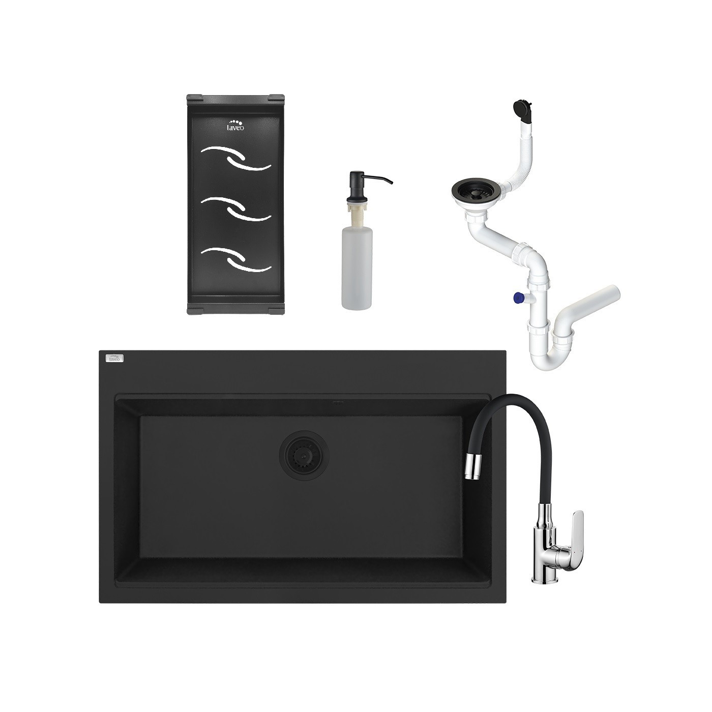 Zlewozmywak Jednokomorowy Granitowy Czarny Zestaw Ociekacz Dozownik Bateria Syfon