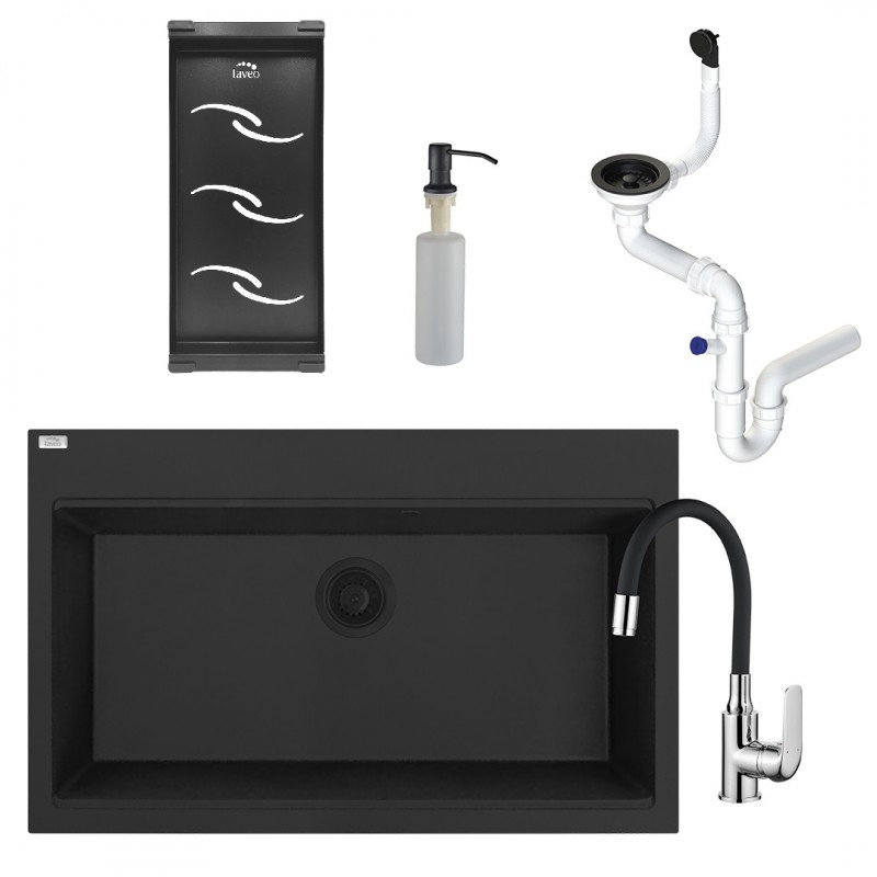 Zlewozmywak Jednokomorowy Granitowy Czarny Zestaw Ociekacz Dozownik Bateria Syfon