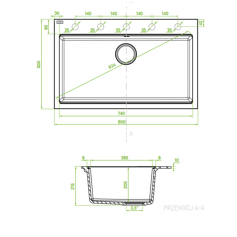 Zlewozmywak Jednokomorowy Granitowy Czarny Zestaw Ociekacz Dozownik Bateria Syfon