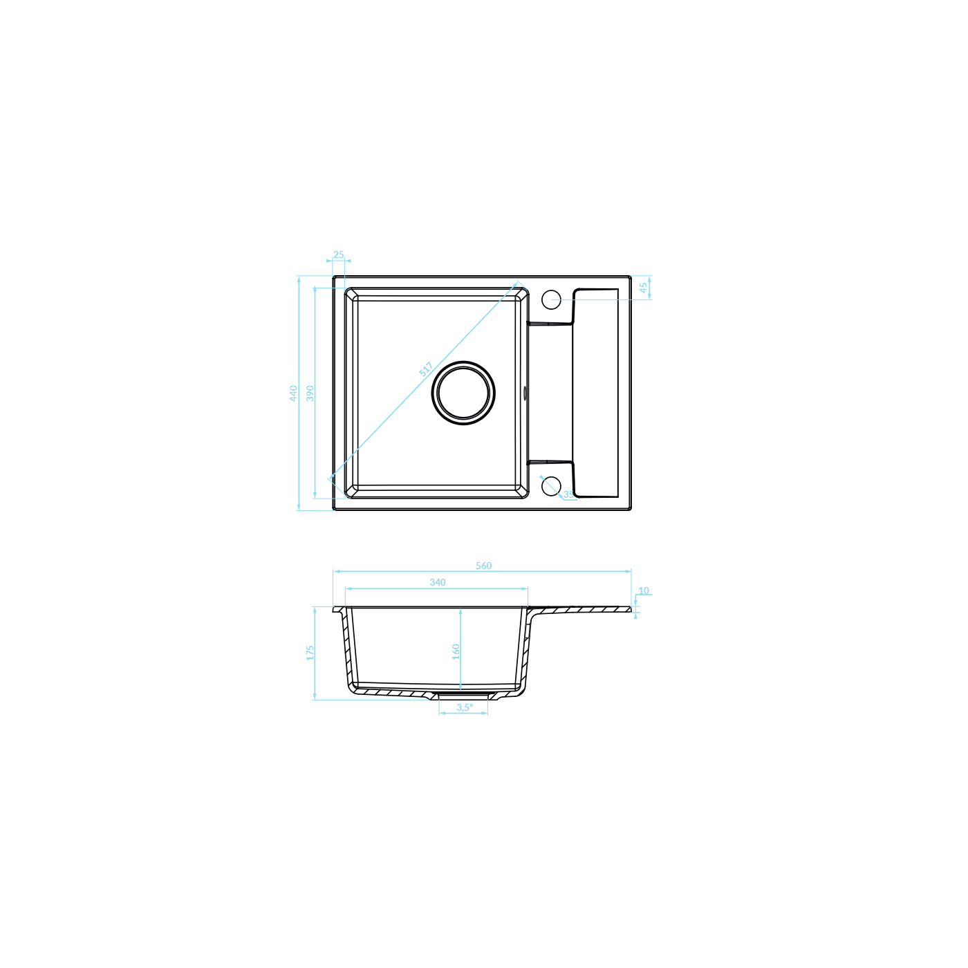 Zlewozmywak Granitowy Jednokomorowy Czarny z Baterią i Syfonem Zestaw