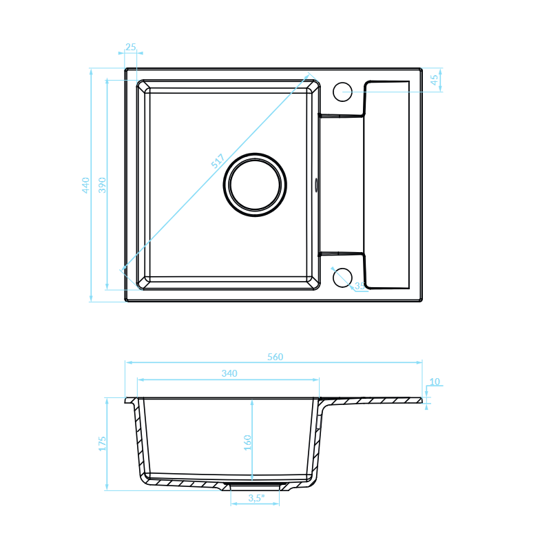 Zlewozmywak Granitowy Jednokomorowy Czarny z Baterią i Syfonem Zestaw