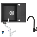 Zlewozmywak Granitowy Jednokomorowy Czarny z Baterią i Syfonem Zestaw