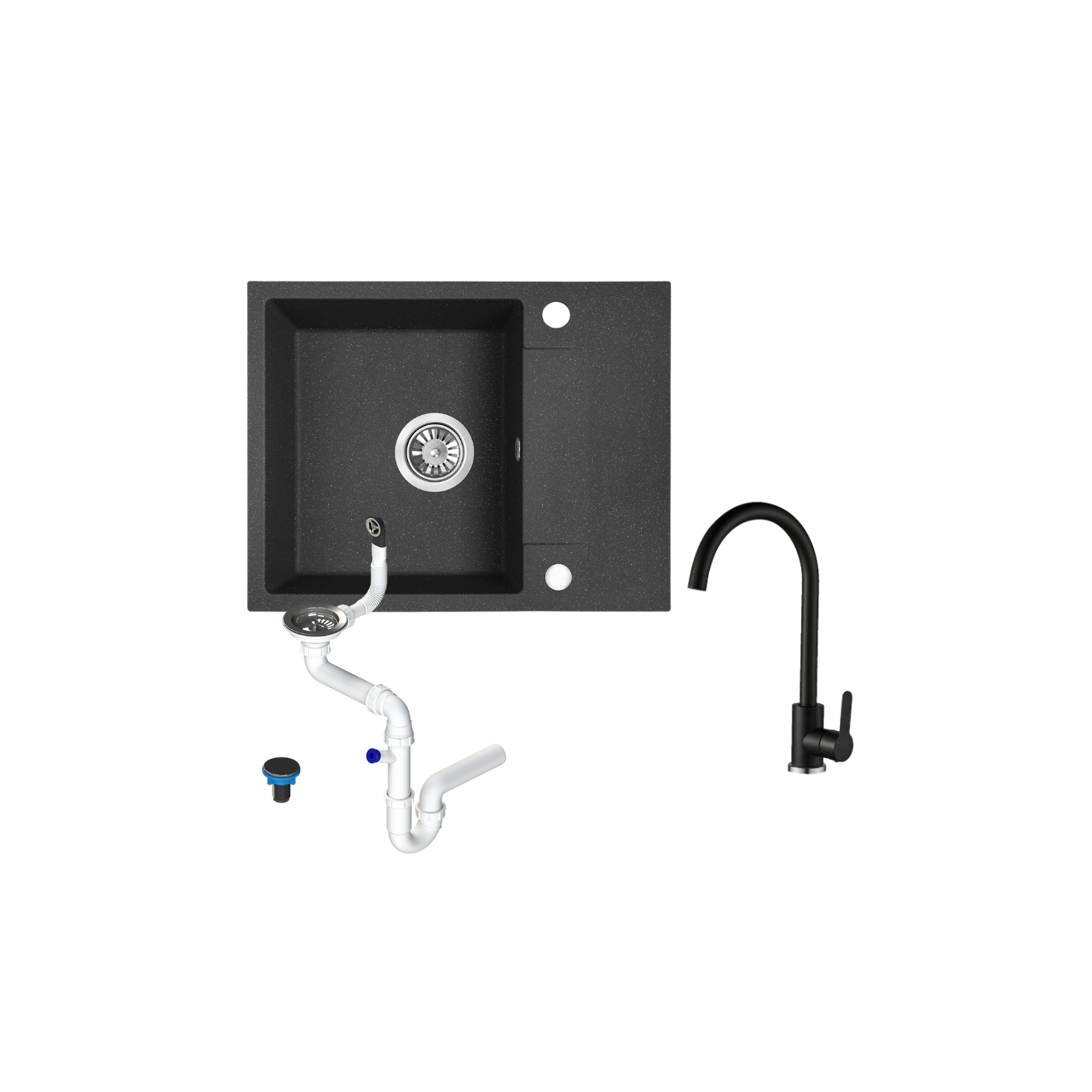 Zlewozmywak Granitowy Jednokomorowy Czarny z Baterią i Syfonem Zestaw