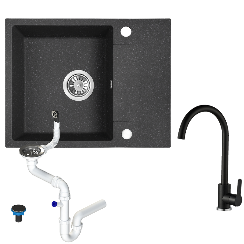 Zlewozmywak Granitowy Jednokomorowy Czarny z Baterią i Syfonem Zestaw