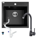 Zlewozmywak Granitowy Jednokomorowy Czarny z Baterią i Syfonem Zestaw Zlewozmywak Granitowy Jednokomorowy Czarny z Baterią i Syfonem Zestaw