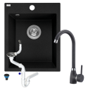 Zlewozmywak Granitowy Jednokomorowy Czarny z Baterią i Syfonem Zestaw Zlewozmywak Granitowy Jednokomorowy Czarny z Baterią i Syfonem Zestaw
