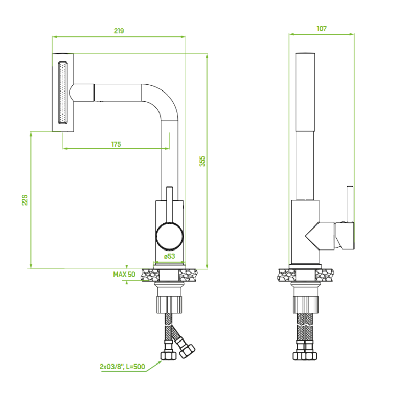 Bateria Zlewozmywakowa Stojąca z Wyciąganą Wielofunkcyjną Wylewką Rotaro Grafit