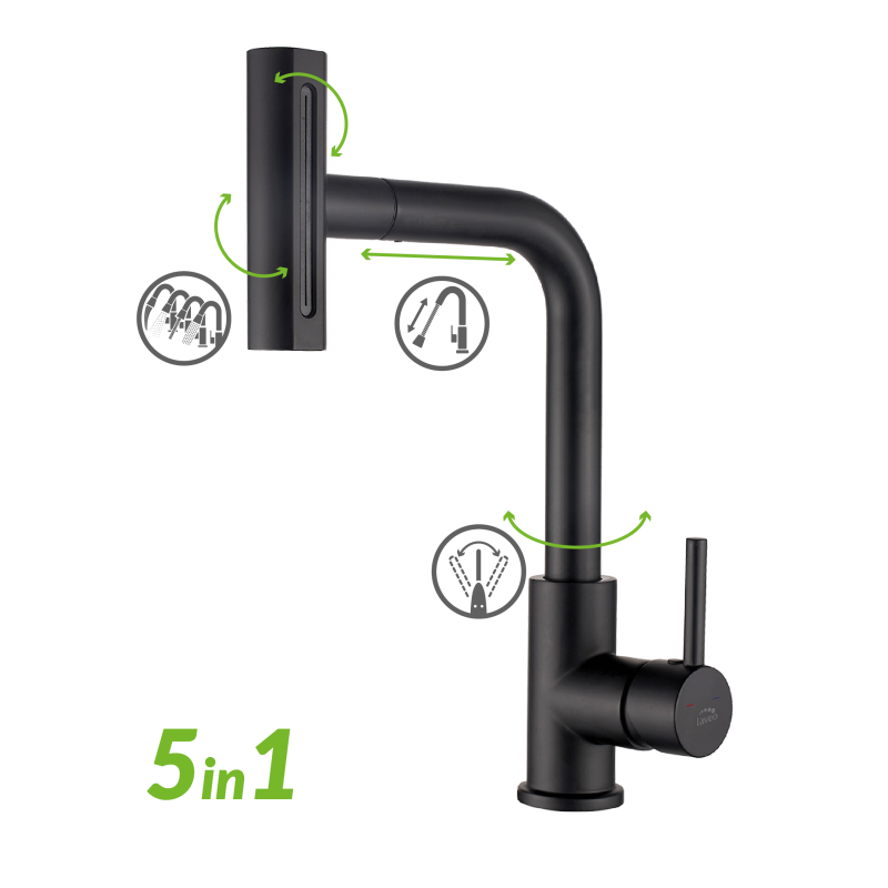 Bateria Zlewozmywakowa Stojąca z Wyciąganą Wielofunkcyjną Wylewką Rotaro Czarna Bateria Zlewozmywakowa Stojąca z Wyciąganą Wielofunkcyjną Wylewką Rotaro Czarna