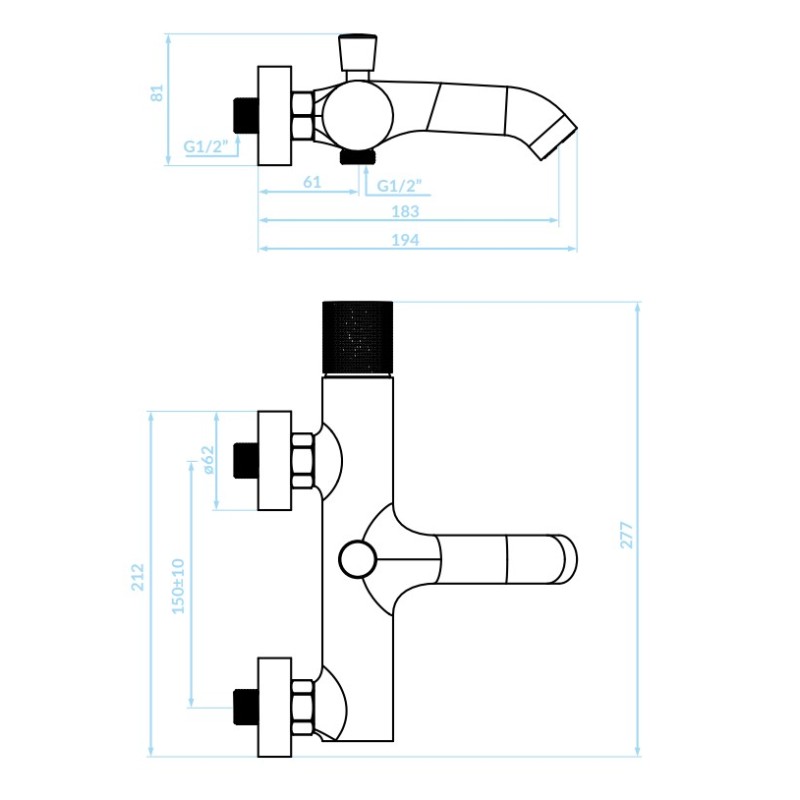 Bateria Wannowa Ścienna bez zest. natrysk. Srebrny Czarny Chrom PEROS Kuchinox Bateria Wannowa Ścienna bez zest. natrysk. Srebrny Czarny Chrom PEROS Kuchinox