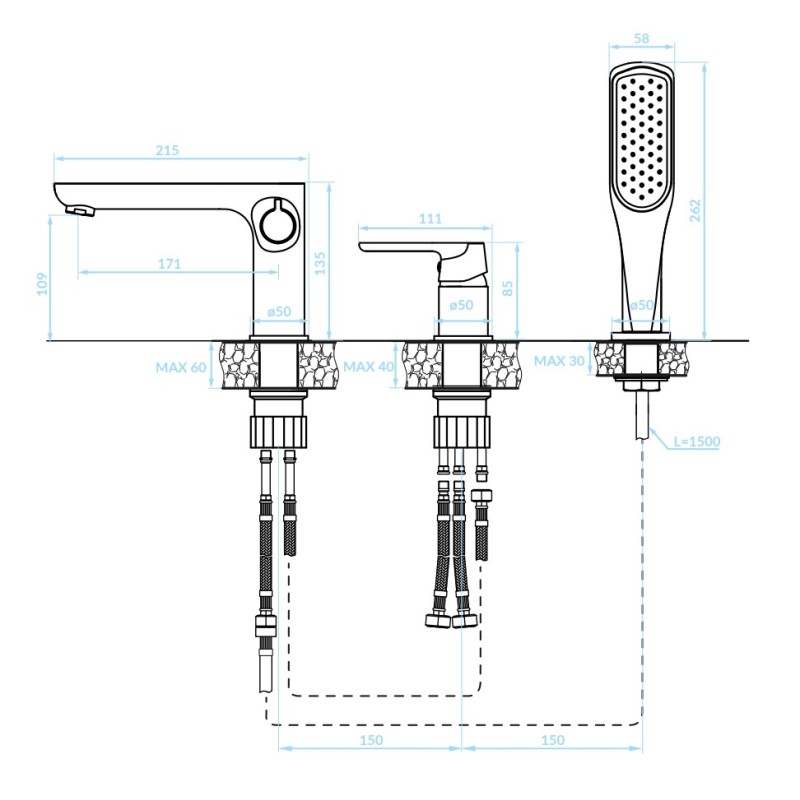 Bateria Wannowa Stojąca 3-otworowa Biała DIMA Kuchinox