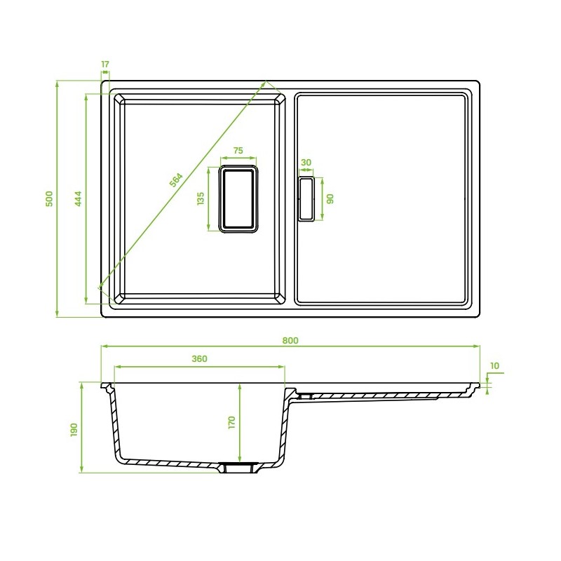 Zlewozmywak Granitowy 1 komorowy z ociekaczem 50x80cm z syfonem Czarny TONGA Laveo