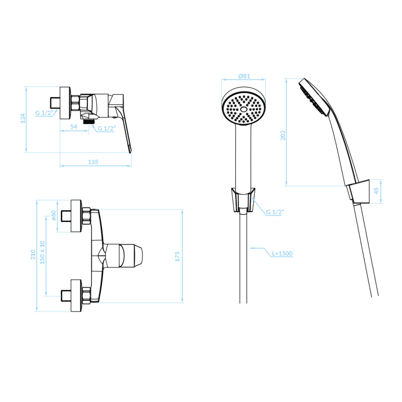 Bateria Natryskowa Ścienna z zestawem natryskowym Czarna ATEZ Kuchinox