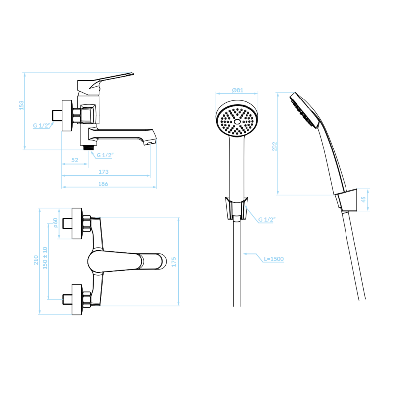 Bateria Wannowa Ścienna Prysznicowa z zestawem natryskowym Chrom ATEZ Bateria Wannowa Ścienna Prysznicowa z zestawem natryskowym Chrom ATEZ