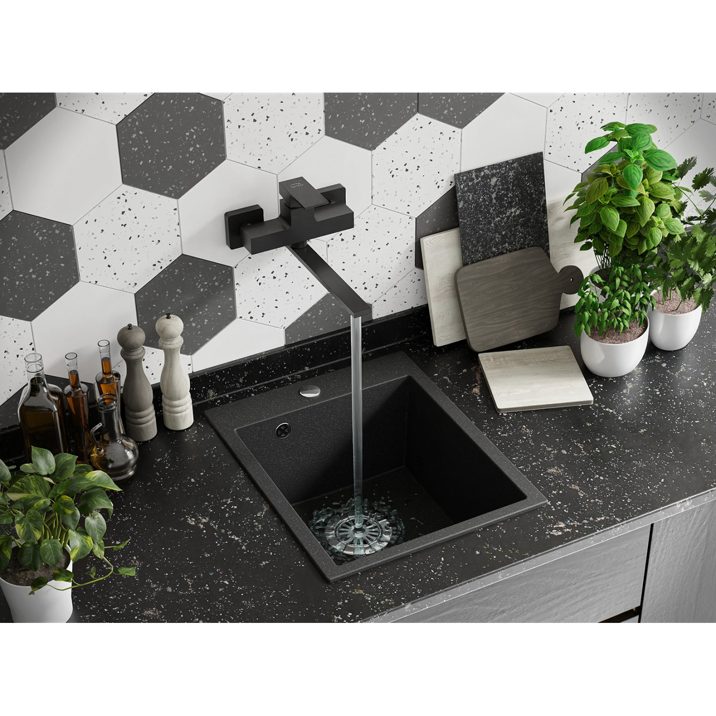 Bateria Zlewozmywakowa Ścienna Czarna KVADRATO Laveo