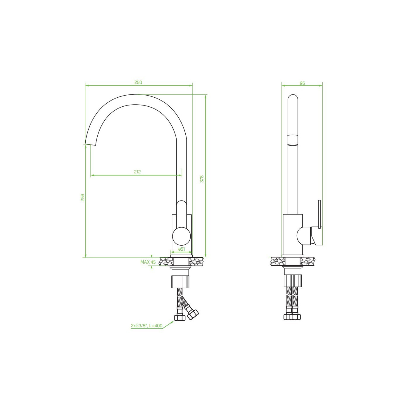Bateria Zlewozmywakowa Stojąca z wylewką U Srebrna BONA Laveo