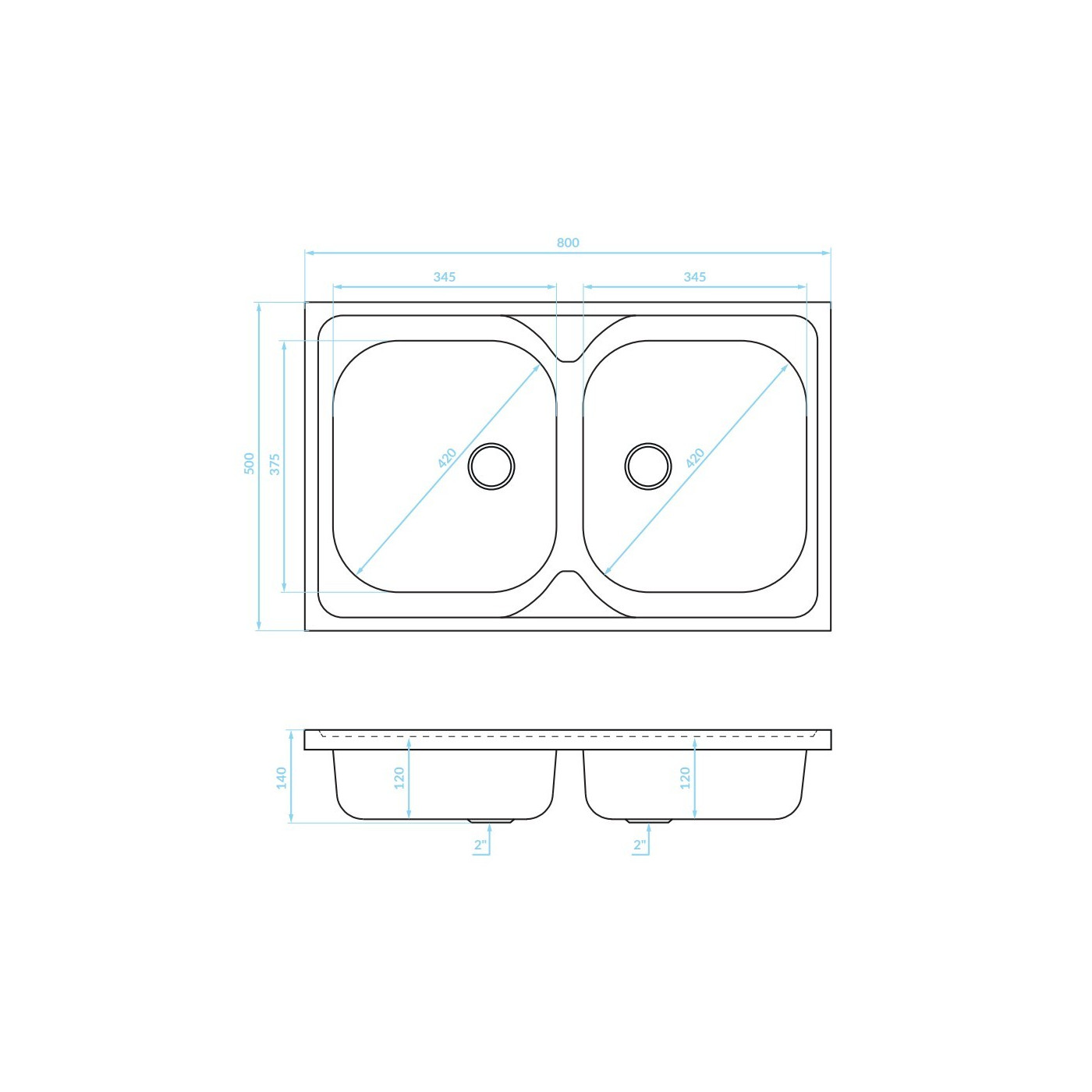 Zlewozmywak Dwukomorowy Nakładany Metalowy 50x80cm z syfonem Kuchinox Zlewozmywak Dwukomorowy Nakładany Metalowy 50x80cm z syfonem Kuchinox