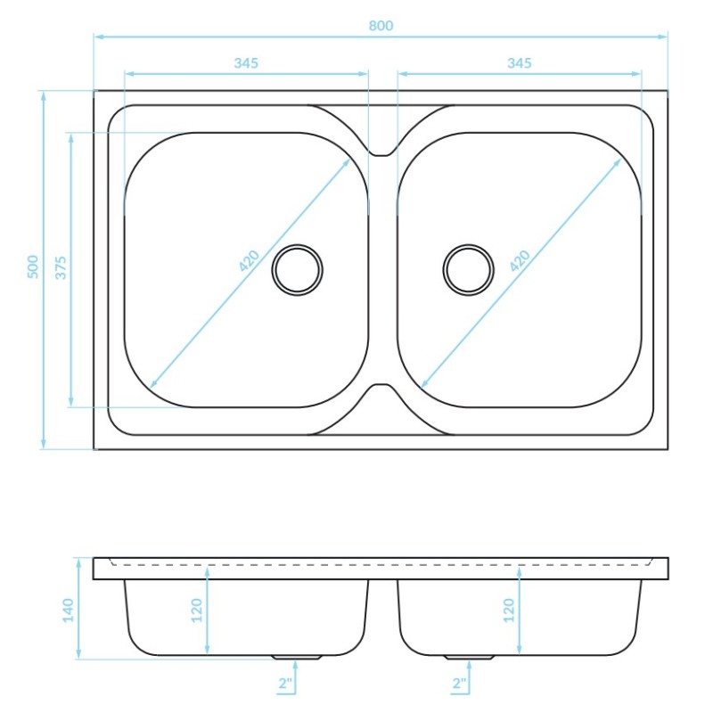 Zlewozmywak Dwukomorowy Nakładany Metalowy 50x80cm z syfonem Kuchinox Zlewozmywak Dwukomorowy Nakładany Metalowy 50x80cm z syfonem Kuchinox