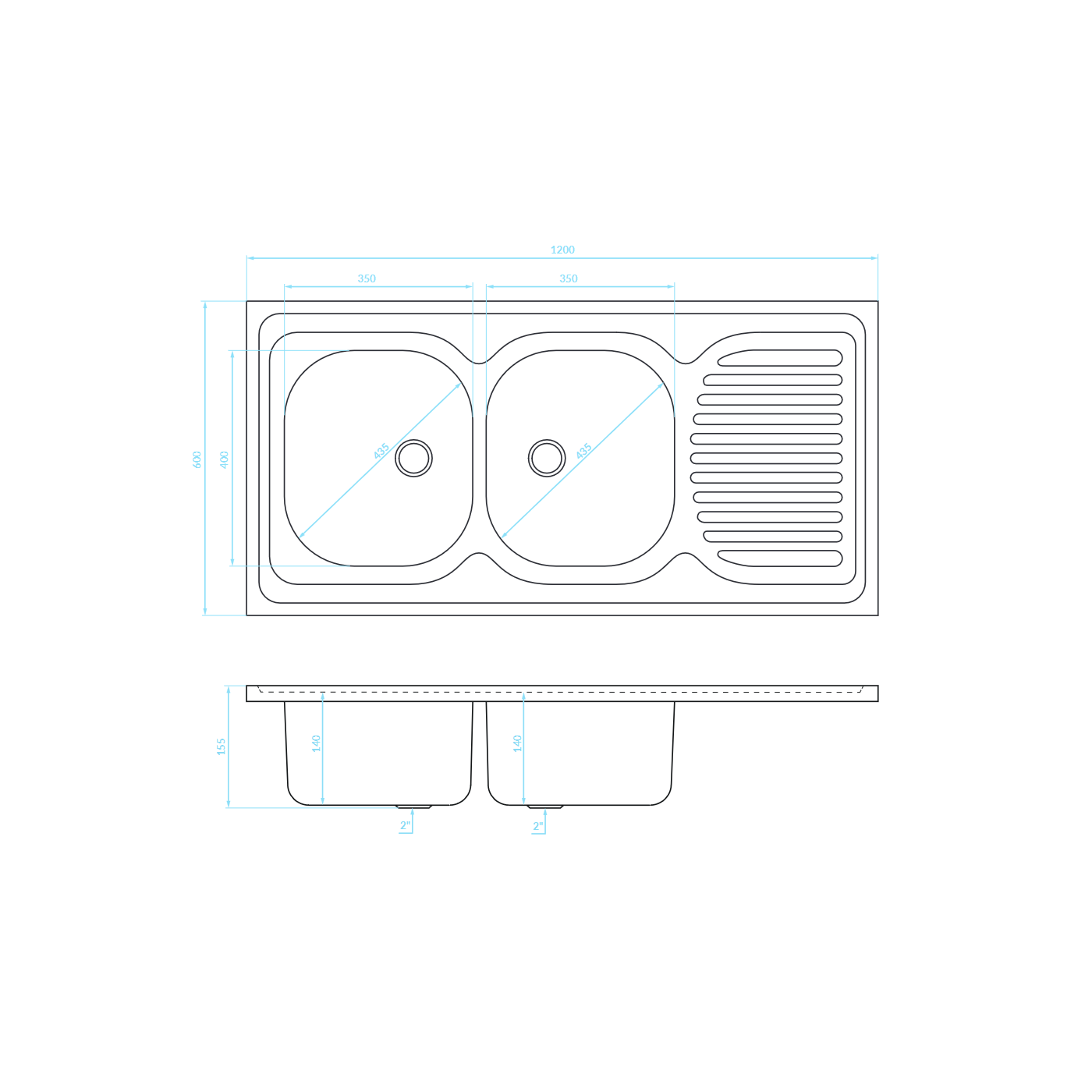 Zlewozmywak Dwukomorowy Metalowy Prostokątny z Ociekaczem INOX Kuchinox Zlewozmywak Dwukomorowy Metalowy Prostokątny z Ociekaczem INOX Kuchinox