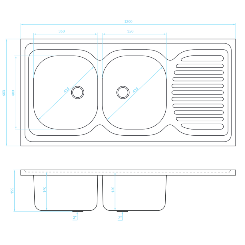 Zlewozmywak Dwukomorowy Metalowy Prostokątny z Ociekaczem INOX Kuchinox Zlewozmywak Dwukomorowy Metalowy Prostokątny z Ociekaczem INOX Kuchinox