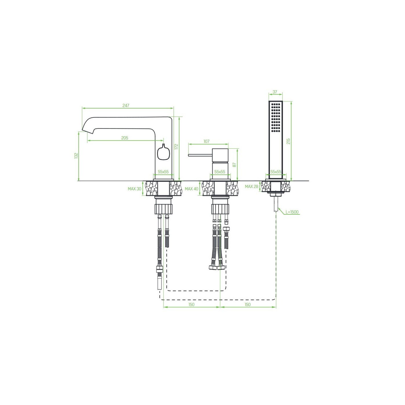 Bateria Wannowa Stojąca Trzy Otworowa Złota Mosiądz POLA Laveo