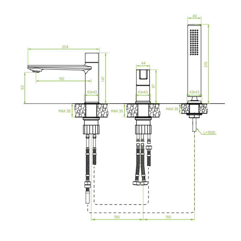 Bateria Wannowa Stojąca Trzy Otworowa TORES Chrom Laveo