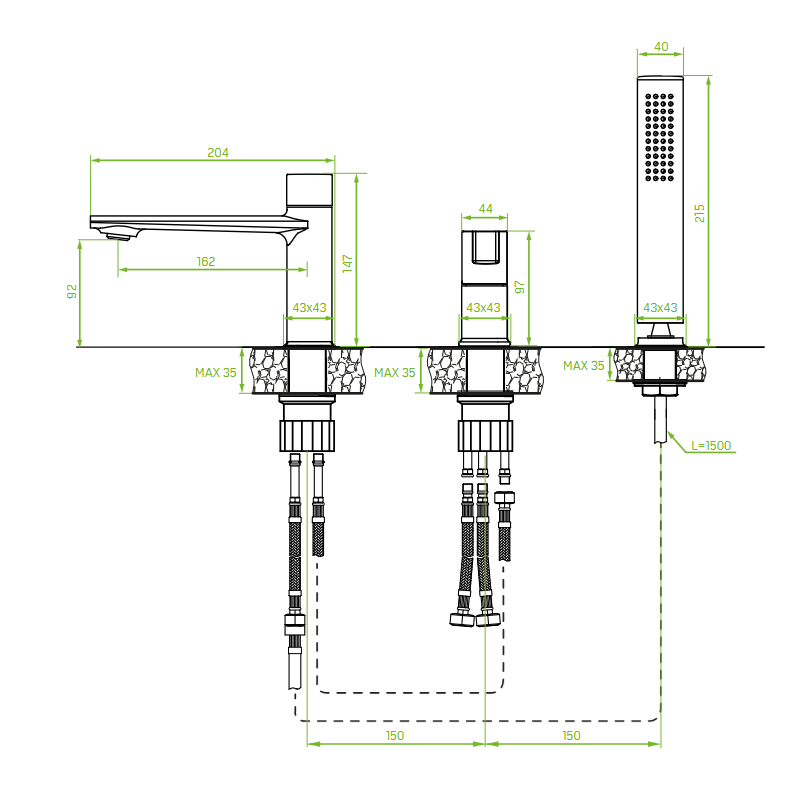 Bateria Wannowa Stojąca Trzy Otworowa TORES Złota Laveo