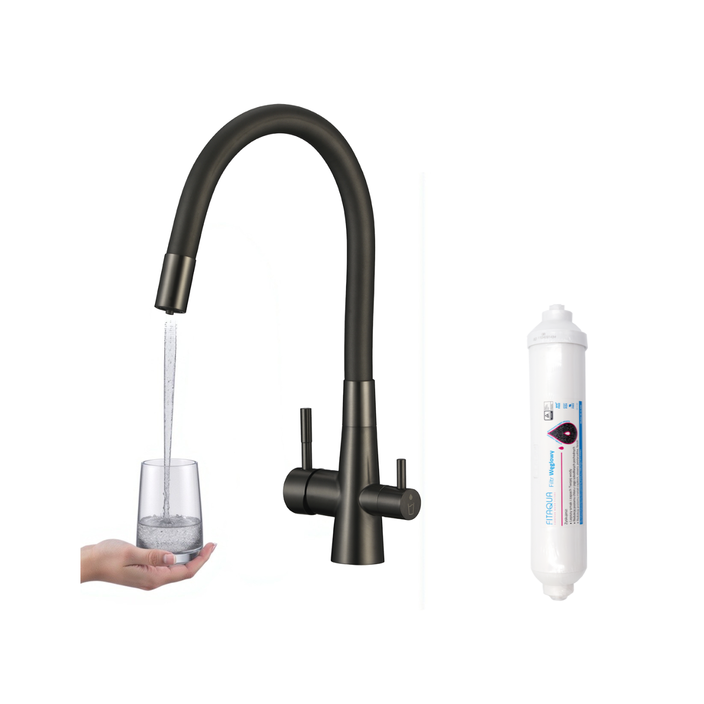 Bateria Filtrująca Wodę Z Elastyczną Wylewką +Filtr Węglowy Riveco Grafit Czarny