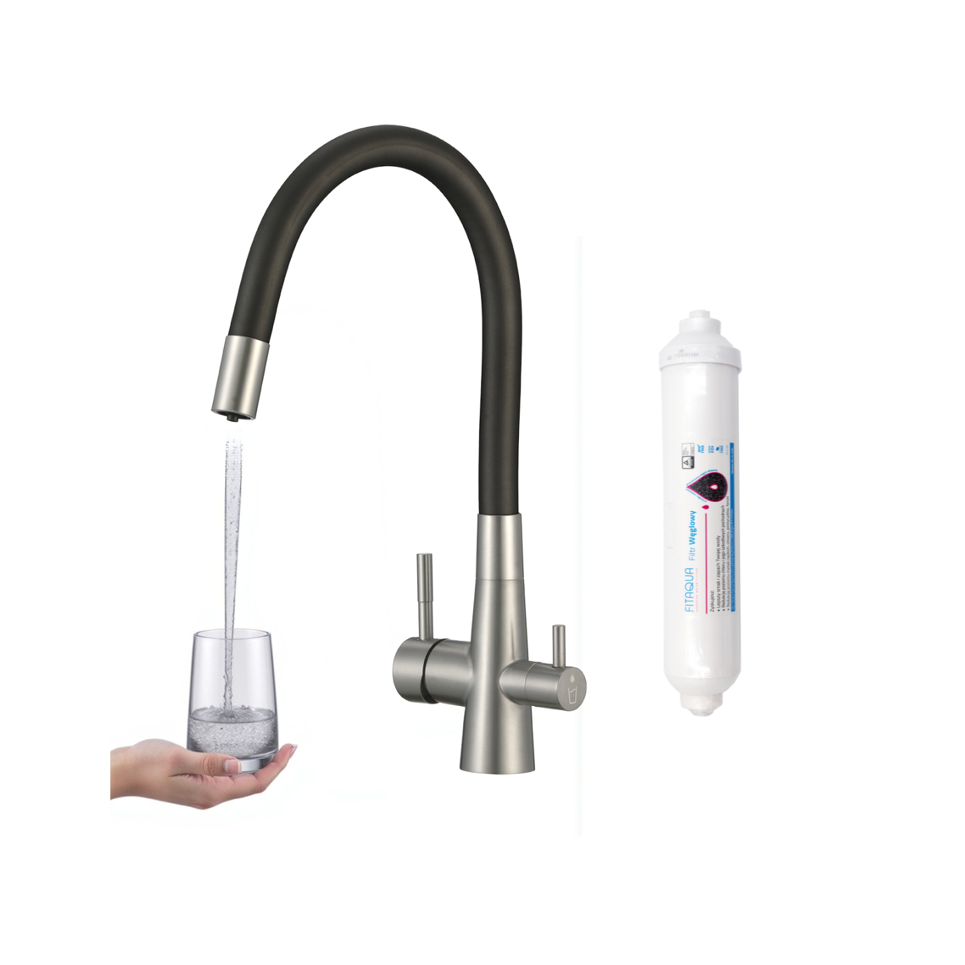 Bateria Filtrująca Wodę z Elastyczną Wylewka Riveco + Filtr Węglowy Stal Czarna