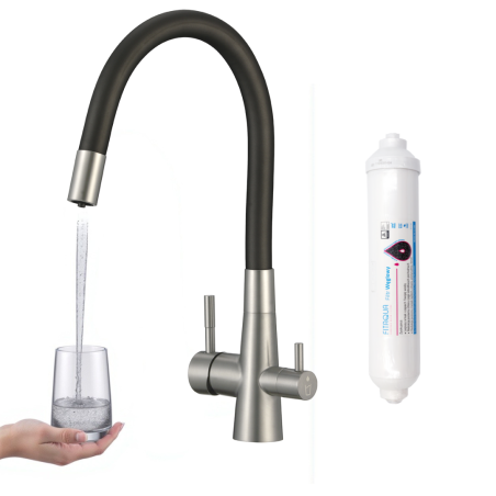 Bateria Filtrująca Wodę z Elastyczną Wylewka Riveco + Filtr Węglowy Stal Czarna