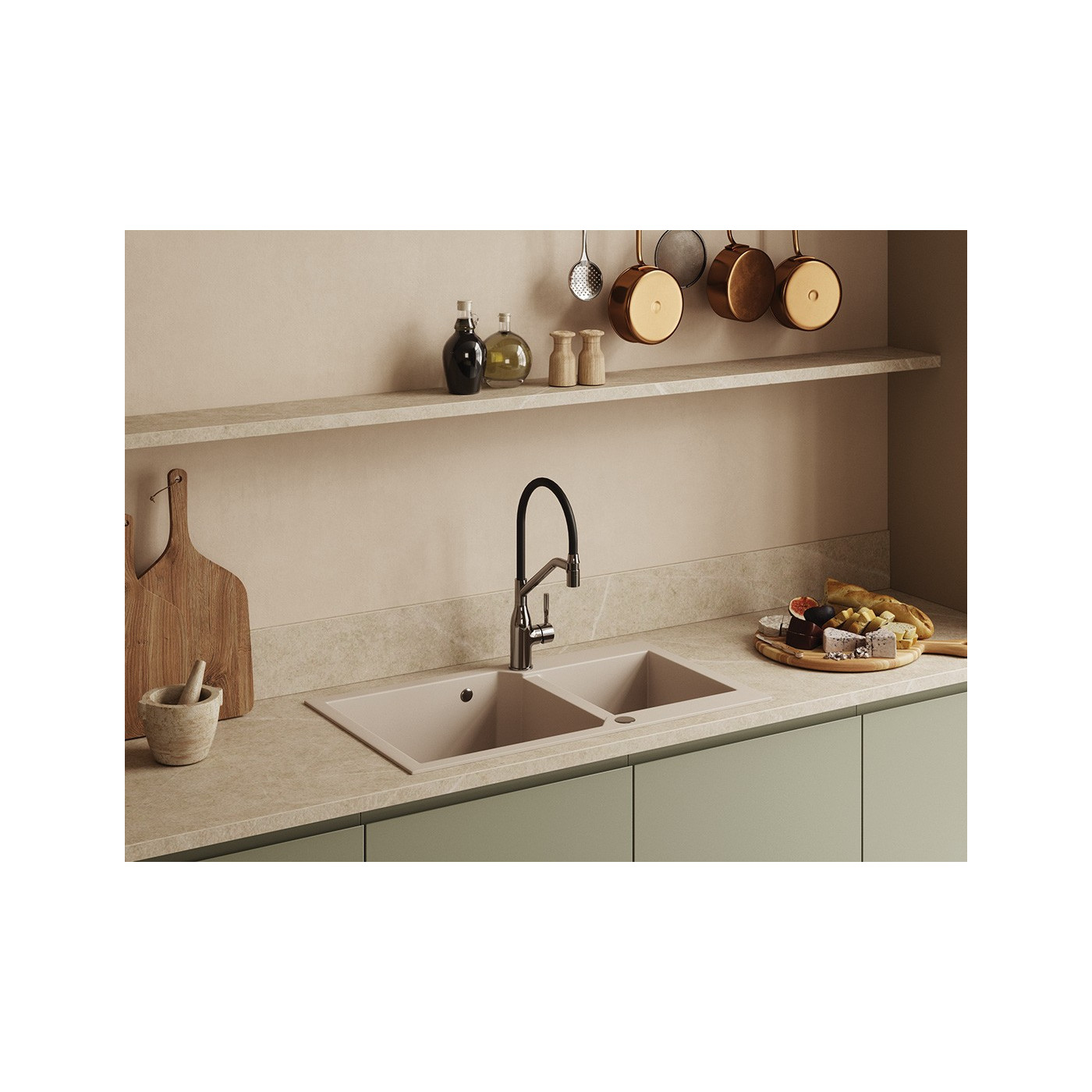 Zlew Zlewozmywak Dwukomorowy Wpuszczany Beżowy Milos Laveo