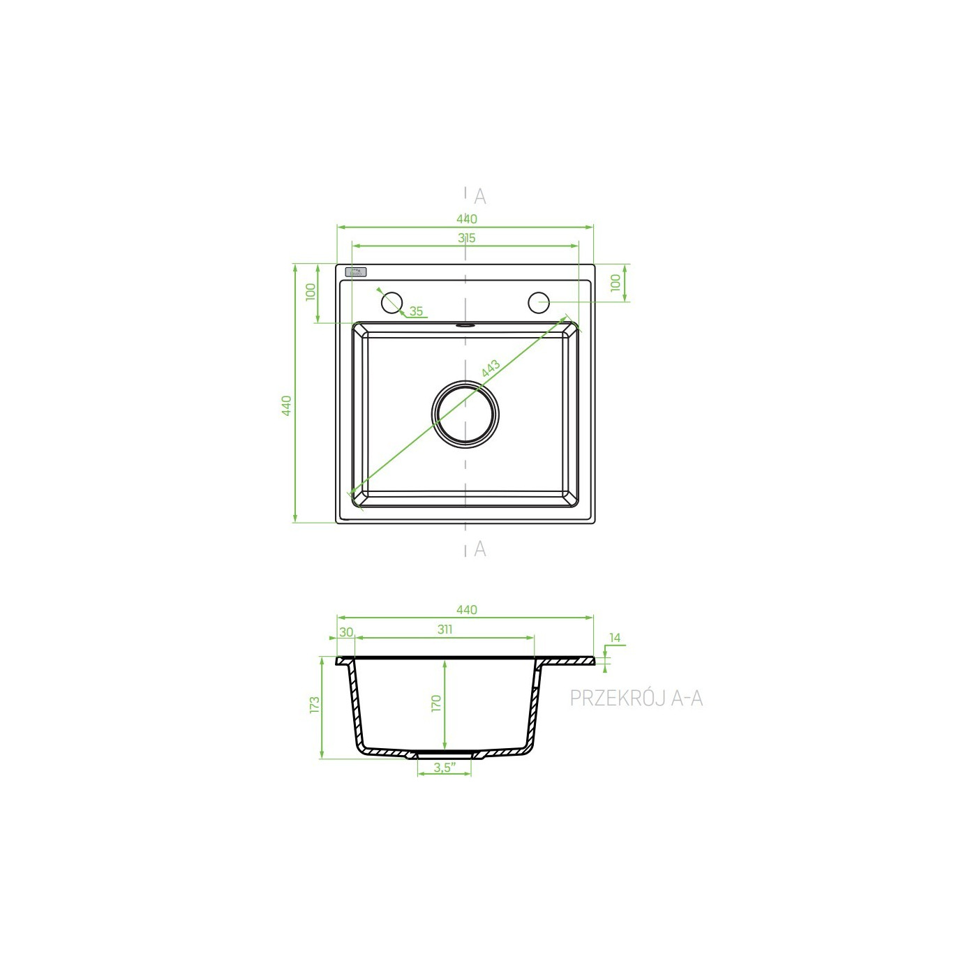 Zlewozmywak Granitowy 1 komorowy 44x44cm z syfonem Szary TRZYNASTKA Laveo Zlewozmywak Granitowy 1 komorowy 44x44cm z syfonem Szary TRZYNASTKA Laveo