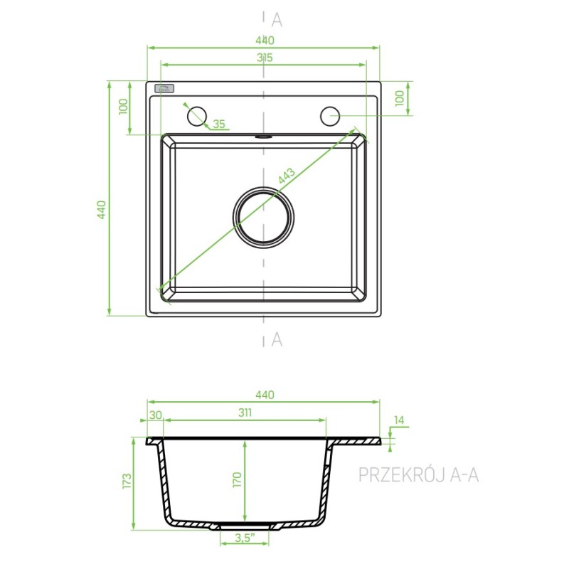 Zlewozmywak Granitowy 1 komorowy 44x44cm z syfonem Szary TRZYNASTKA Laveo Zlewozmywak Granitowy 1 komorowy 44x44cm z syfonem Szary TRZYNASTKA Laveo