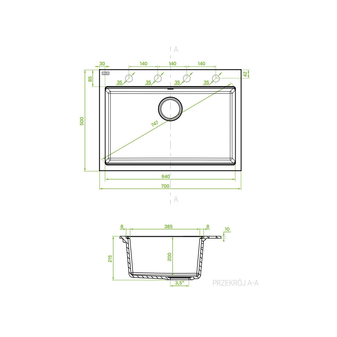 Zlewozmywak Granitowy 1 komorowy 50x70cm z syfonem Szary TAU Laveo Zlewozmywak Granitowy 1 komorowy 50x70cm z syfonem Szary TAU Laveo