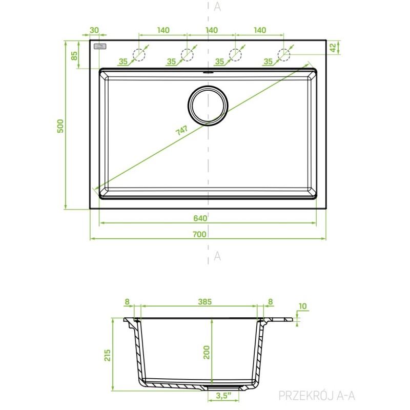 Zlewozmywak Granitowy 1 komorowy 50x70cm z syfonem Szary TAU Laveo Zlewozmywak Granitowy 1 komorowy 50x70cm z syfonem Szary TAU Laveo