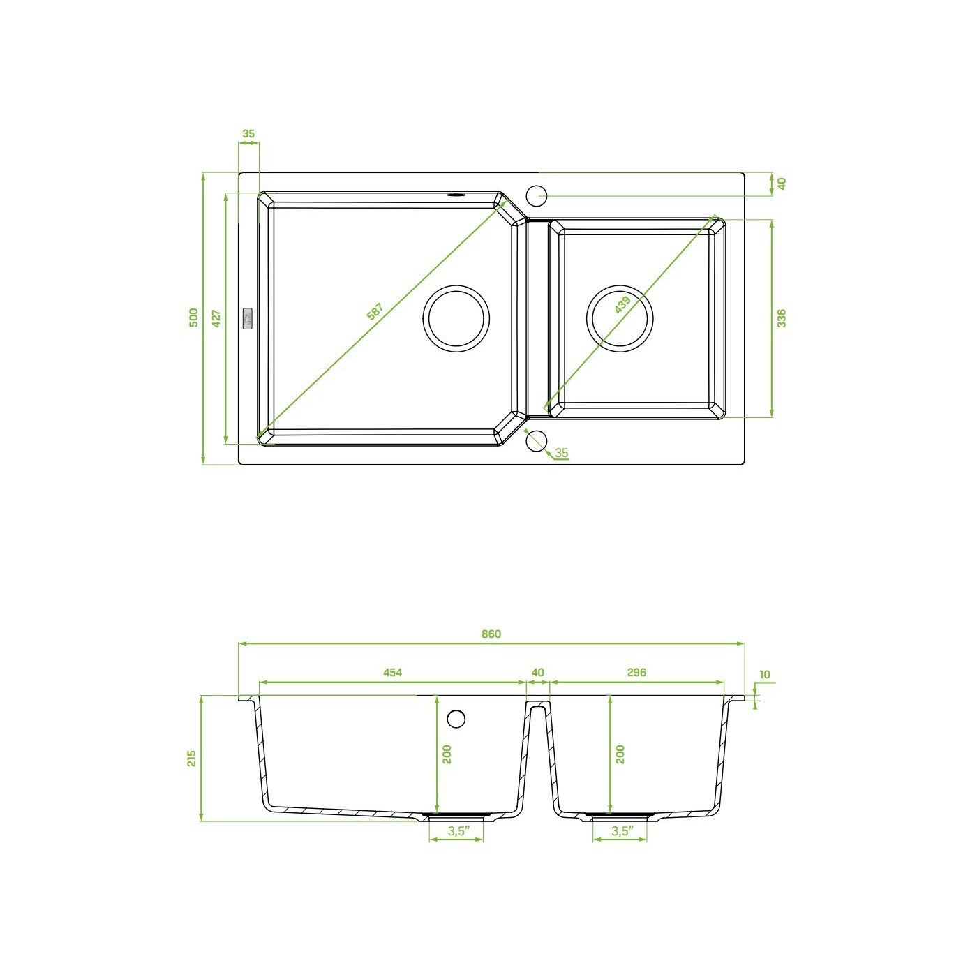 Zlewozmywak Granitowy 2 komorowy 50x86cm z syfonem Szary MILOS Laveo