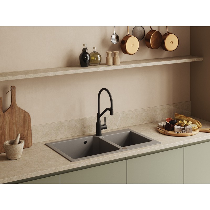 Zlewozmywak Granitowy 2 komorowy 50x86cm z syfonem Szary MILOS Laveo