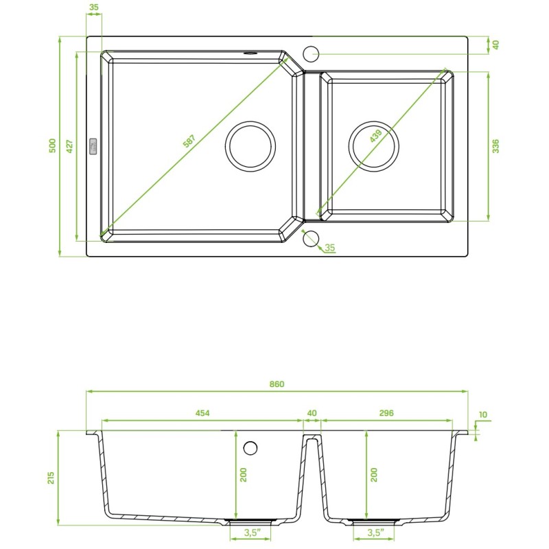 Zlewozmywak Granitowy 2 komorowy 50x86cm z syfonem Czarny MILOS Laveo