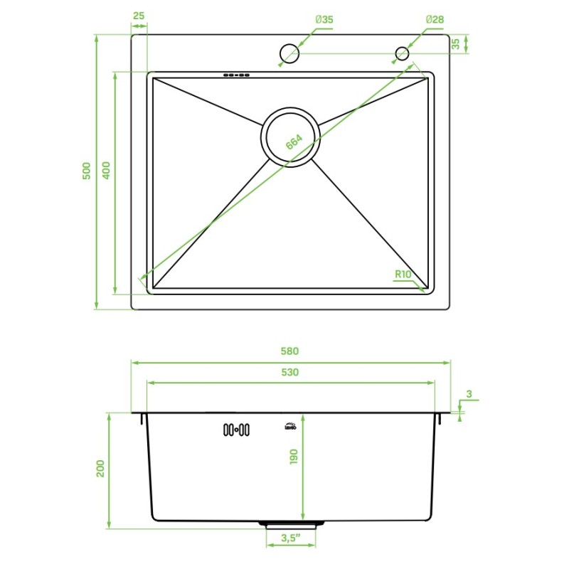 Zlewozmywak Jednokomorowy Wpuszczany 50x58cm Bateria zestaw akces. Srebrny MALAWI