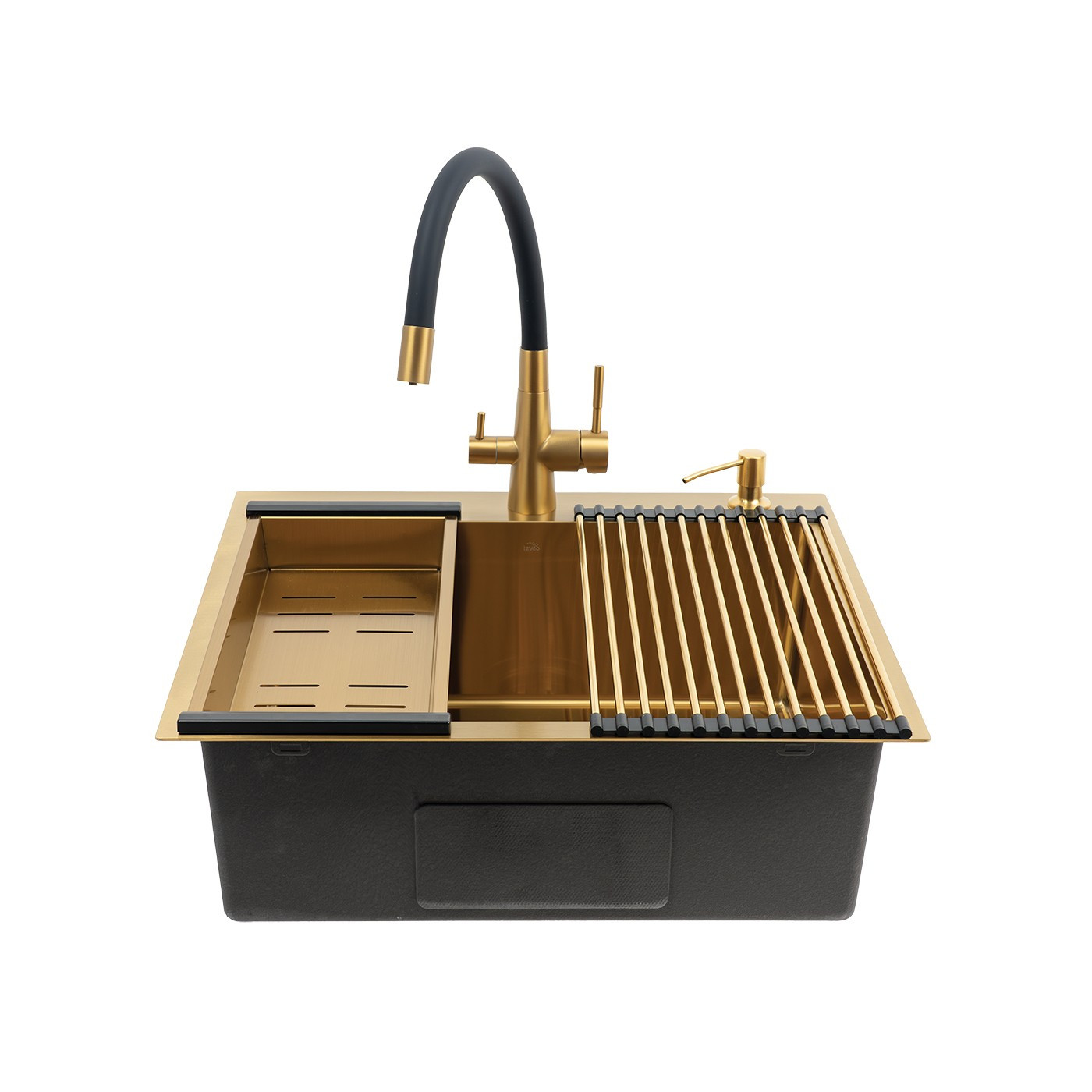 Zlewozmywak Jednokomorowy Wpuszczany 50x58cm Bateria zestaw akces. Złoty MALAWI Laveo Zlewozmywak Jednokomorowy Wpuszczany 50x58cm Bateria zestaw akces. Złoty MALAWI Laveo