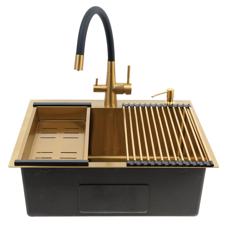 Zlewozmywak Jednokomorowy Wpuszczany 50x58cm Bateria zestaw akces. Złoty MALAWI Laveo Zlewozmywak Jednokomorowy Wpuszczany 50x58cm Bateria zestaw akces. Złoty MALAWI Laveo