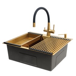 Zlewozmywak Jednokomorowy Wpuszczany 50x58cm Bateria zestaw akces. Złoty MALAWI Laveo